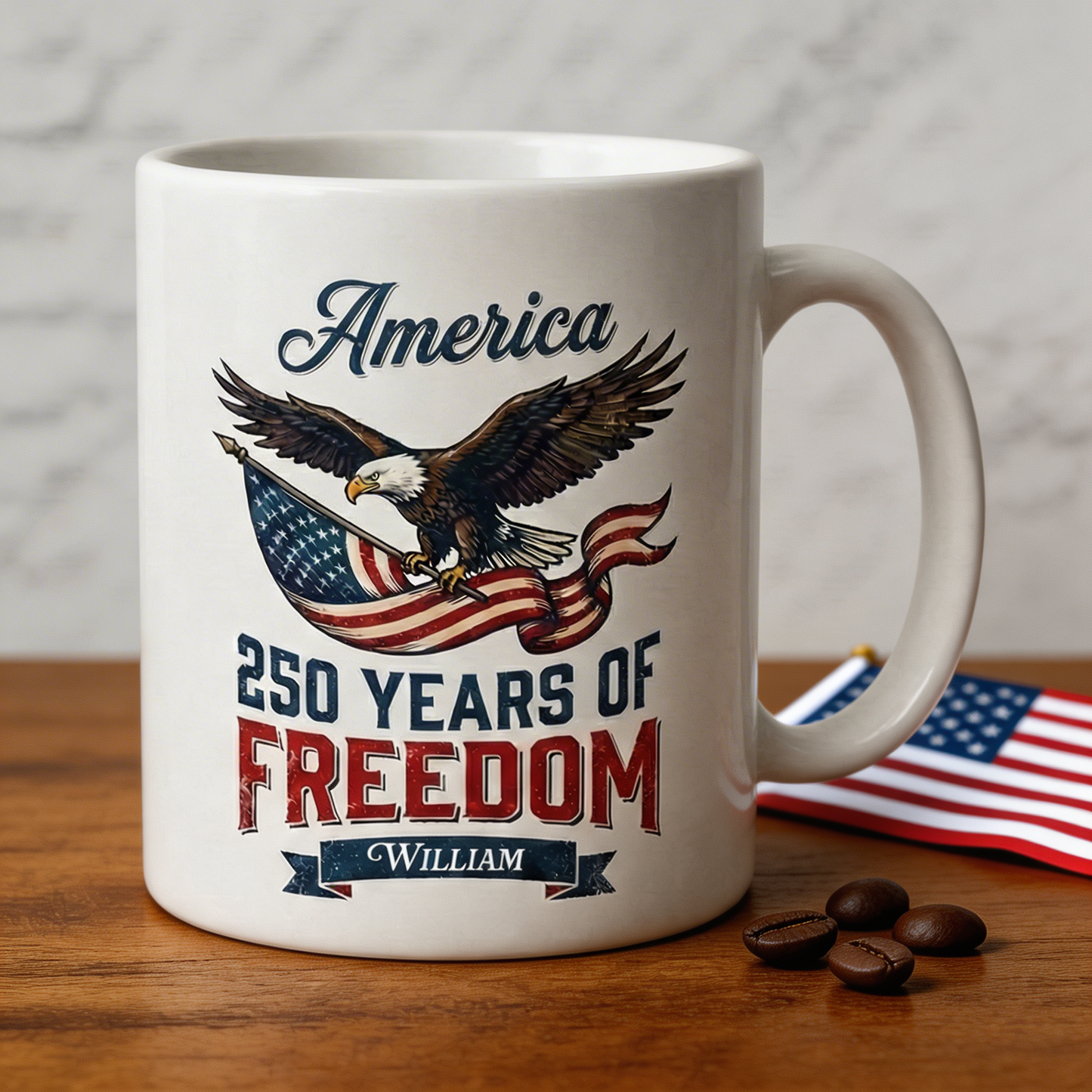 America Semiquincentennial 250 Years of Freedom Personalized White Mug – USA 1776–2026 Patriotic Eagle Anniversary Mug