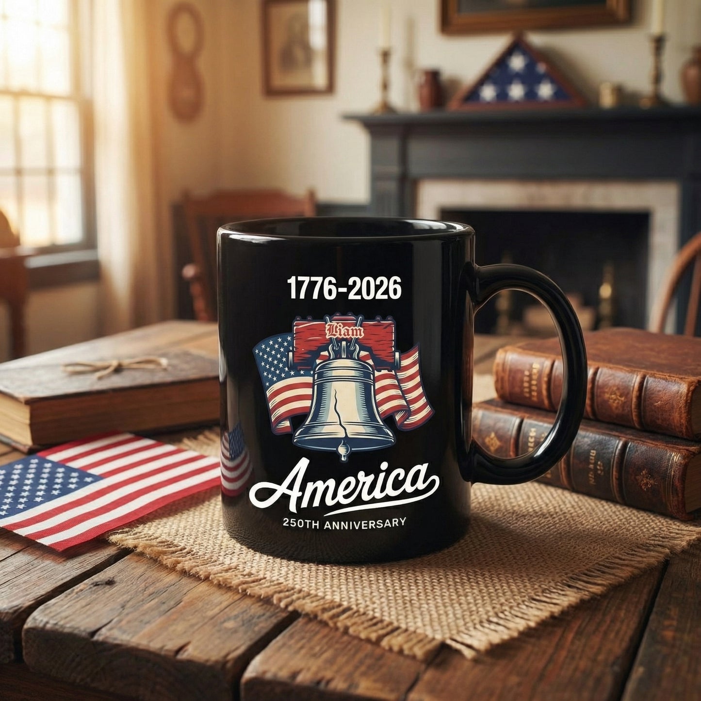 Celebrate 250 Years of America 1776–2026 Personalized Black Mug – USA 250th Anniversary Liberty Bell Patriotic Mug