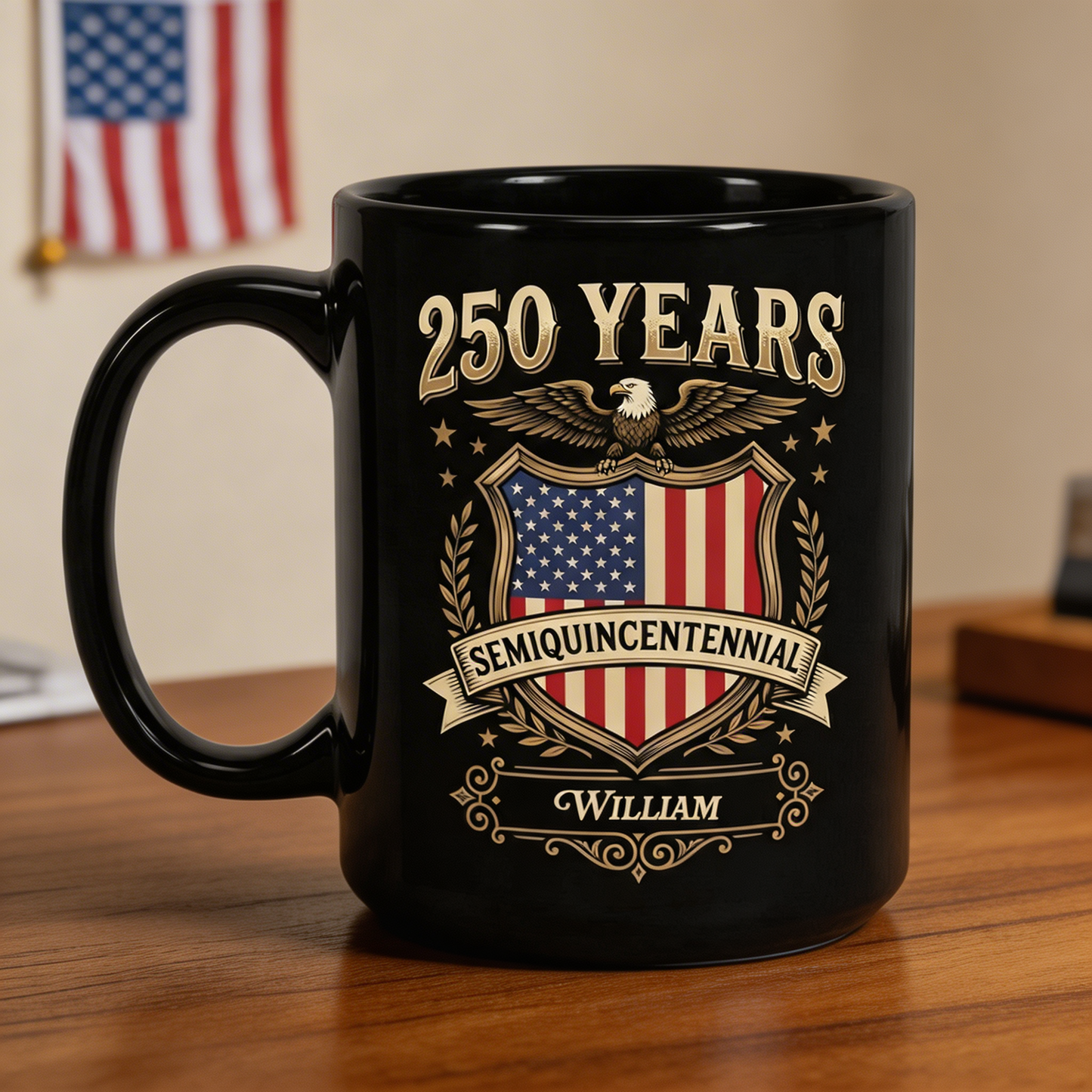 Celebrate 250th Anniversary United States Semiquincentennial Personalized Black Mug – America 250 Years Patriotic Eagle Shield Mug