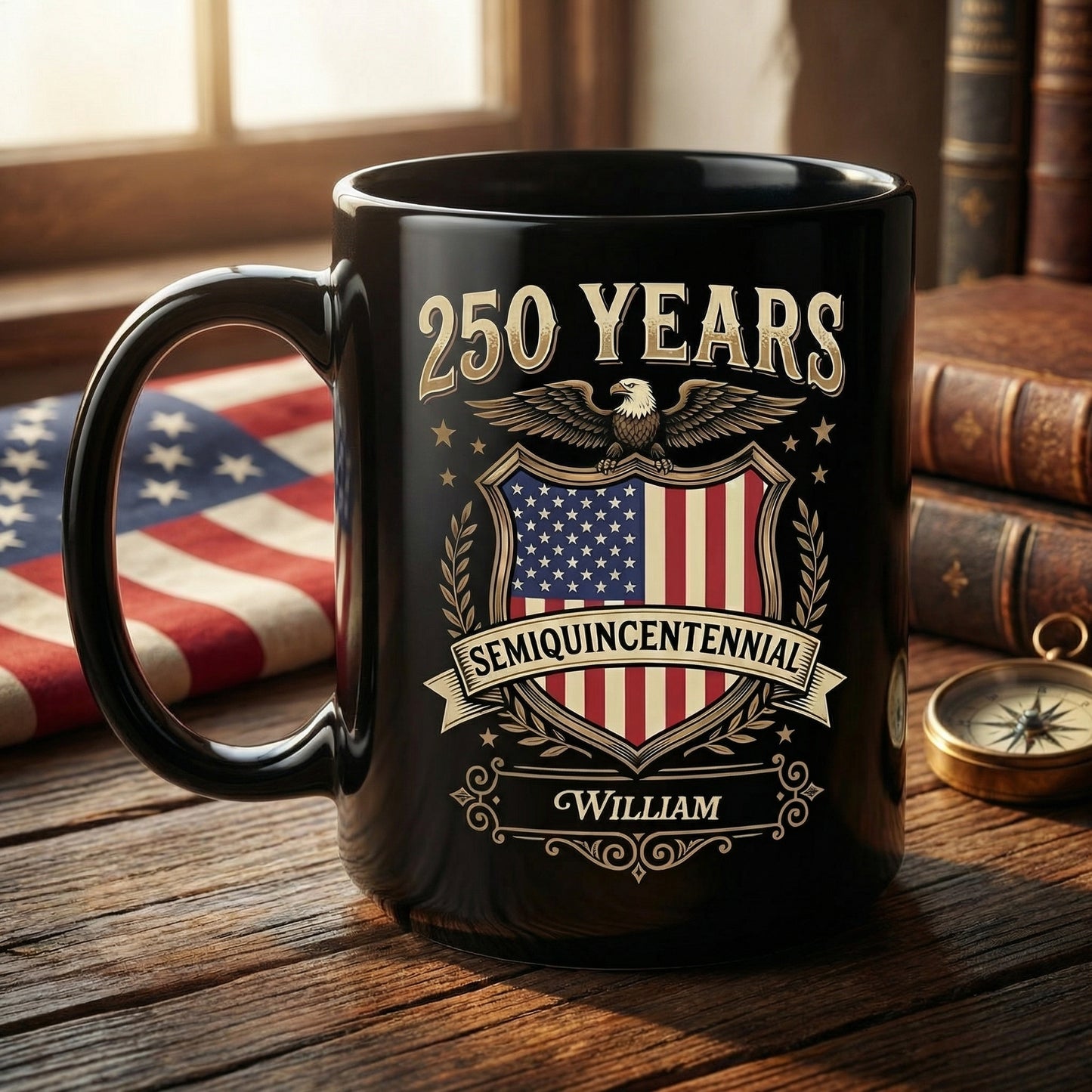 Celebrate 250th Anniversary United States Semiquincentennial Personalized Black Mug – America 250 Years Patriotic Eagle Shield Mug