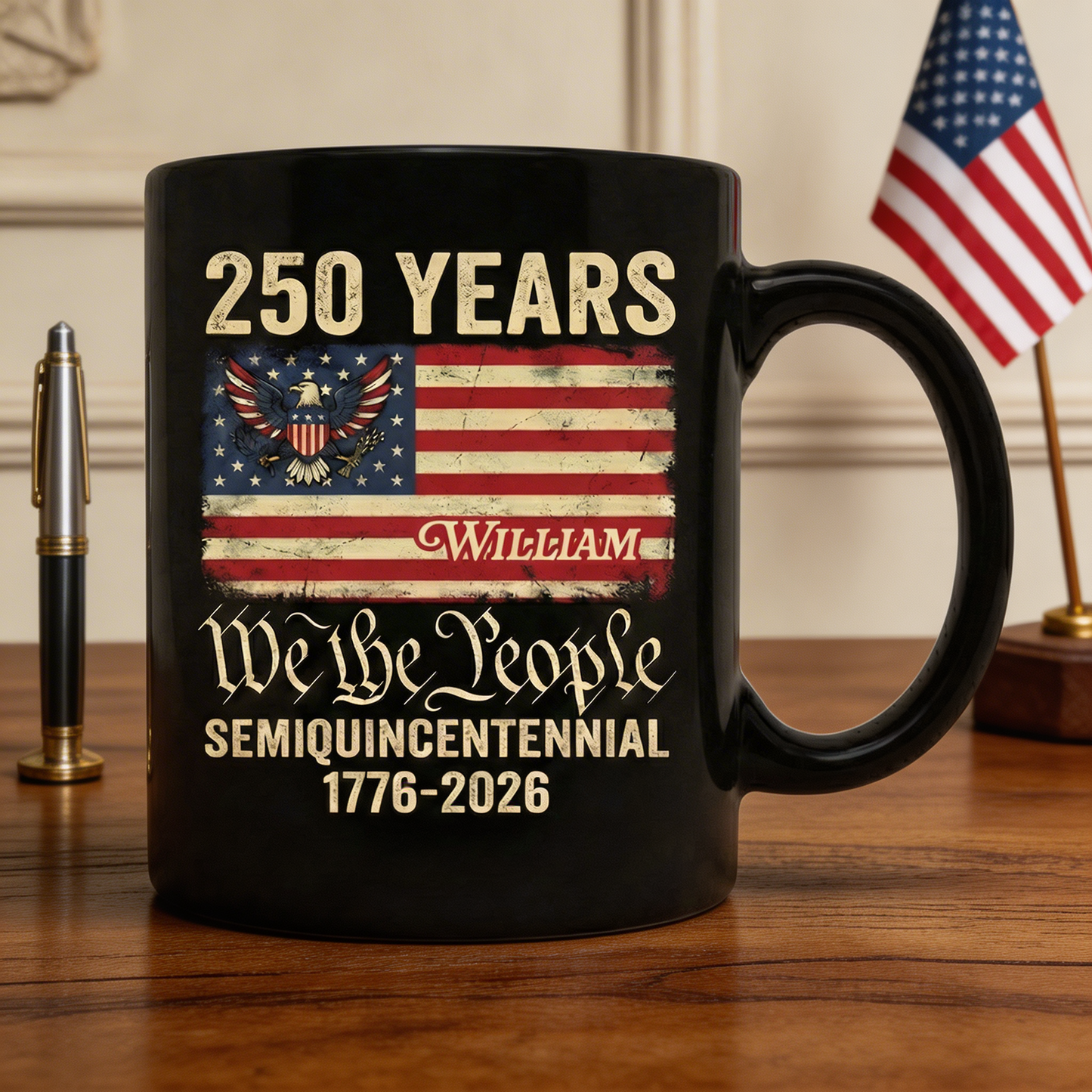 America 250th Anniversary We The People Personalized Black Mug – United States Semiquincentennial 1776–2026 Patriotic Mug