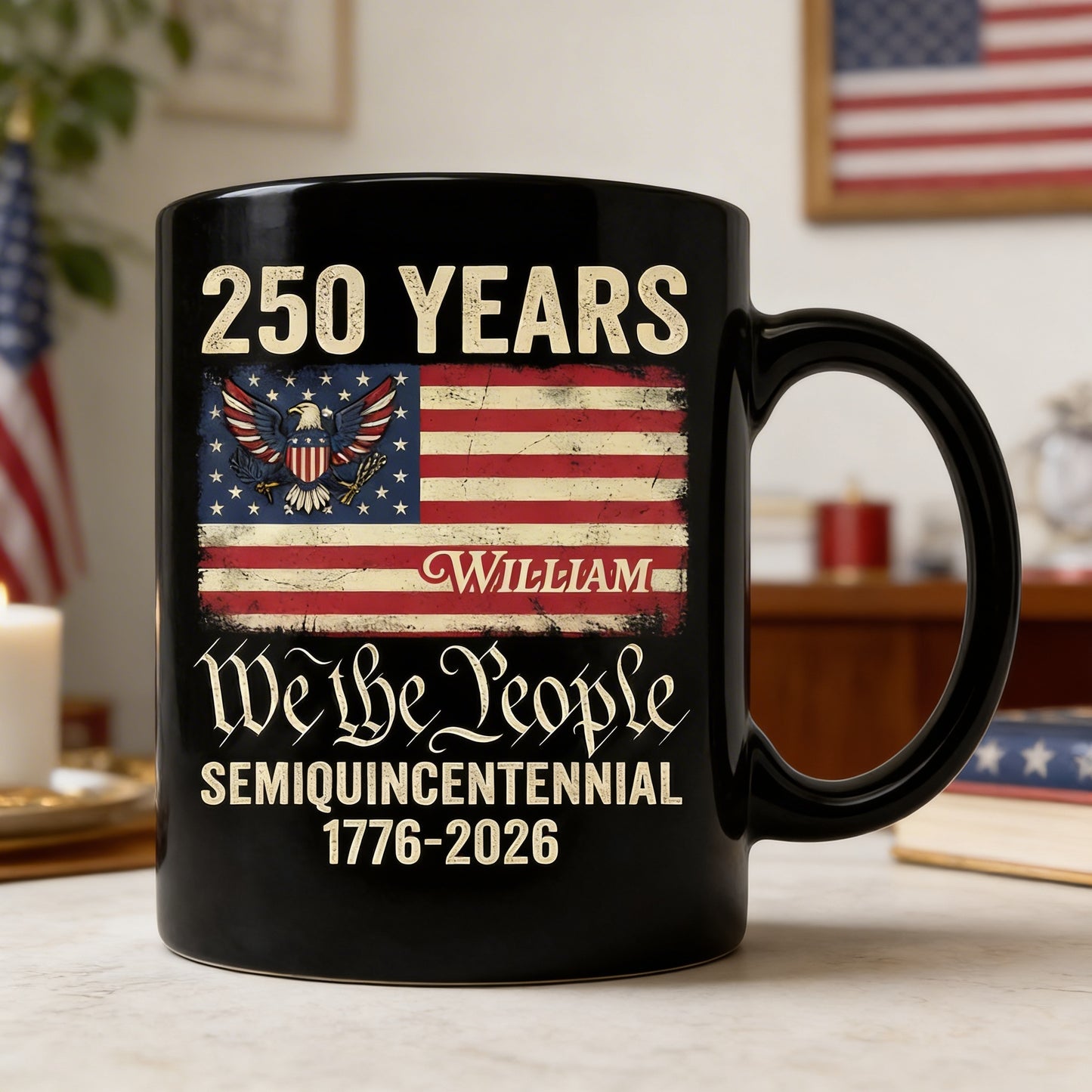 America 250th Anniversary We The People Personalized Black Mug – United States Semiquincentennial 1776–2026 Patriotic Mug