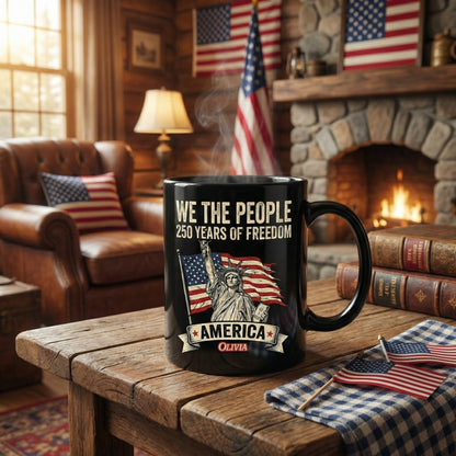 We The People America 250 Years of Freedom Personalized Black Mug – USA 1776–2026 Semiquincentennial Patriotic Mug