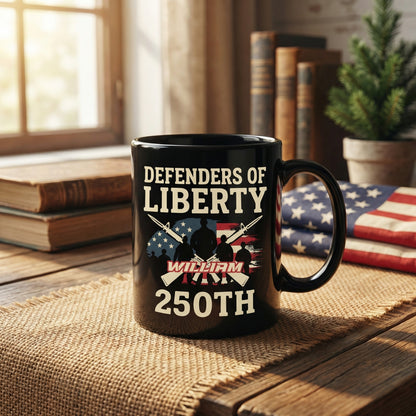 Defenders of Liberty 250th Anniversary USA Black Mug – Personalized Patriotic Veteran Tribute Mug