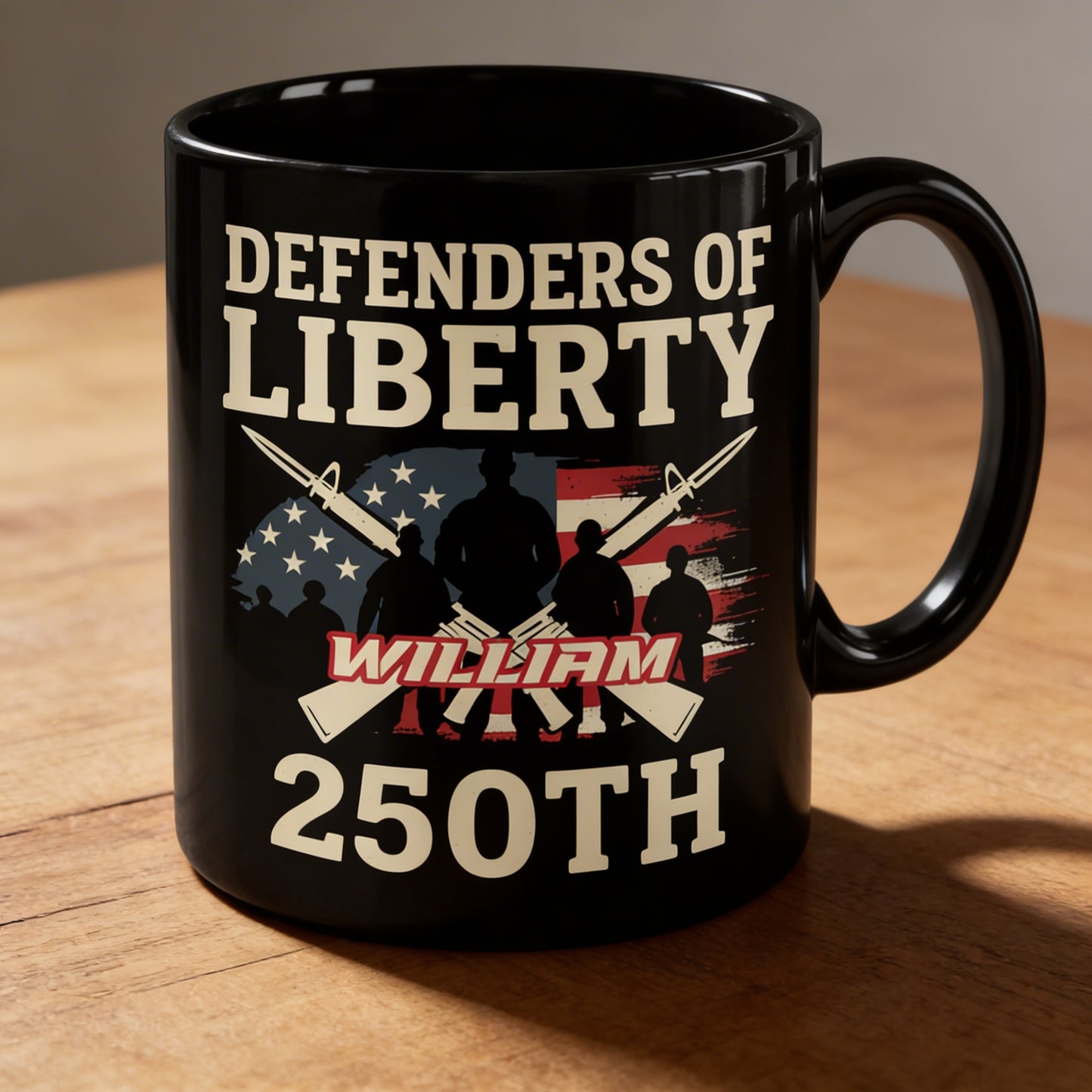 Defenders of Liberty 250th Anniversary USA Black Mug – Personalized Patriotic Veteran Tribute Mug