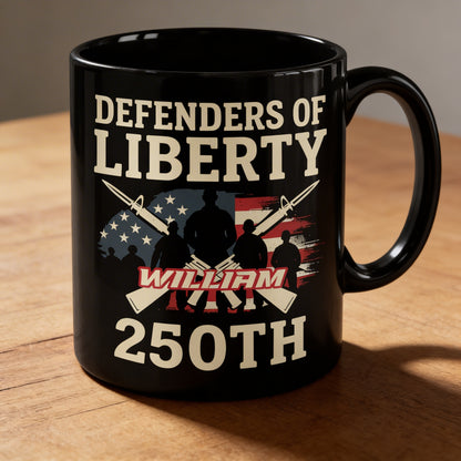 Defenders of Liberty 250th Anniversary USA Black Mug – Personalized Patriotic Veteran Tribute Mug