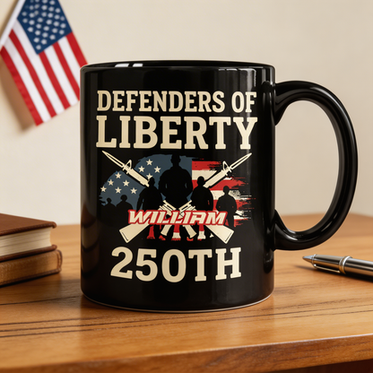 Defenders of Liberty 250th Anniversary USA Black Mug – Personalized Patriotic Veteran Tribute Mug