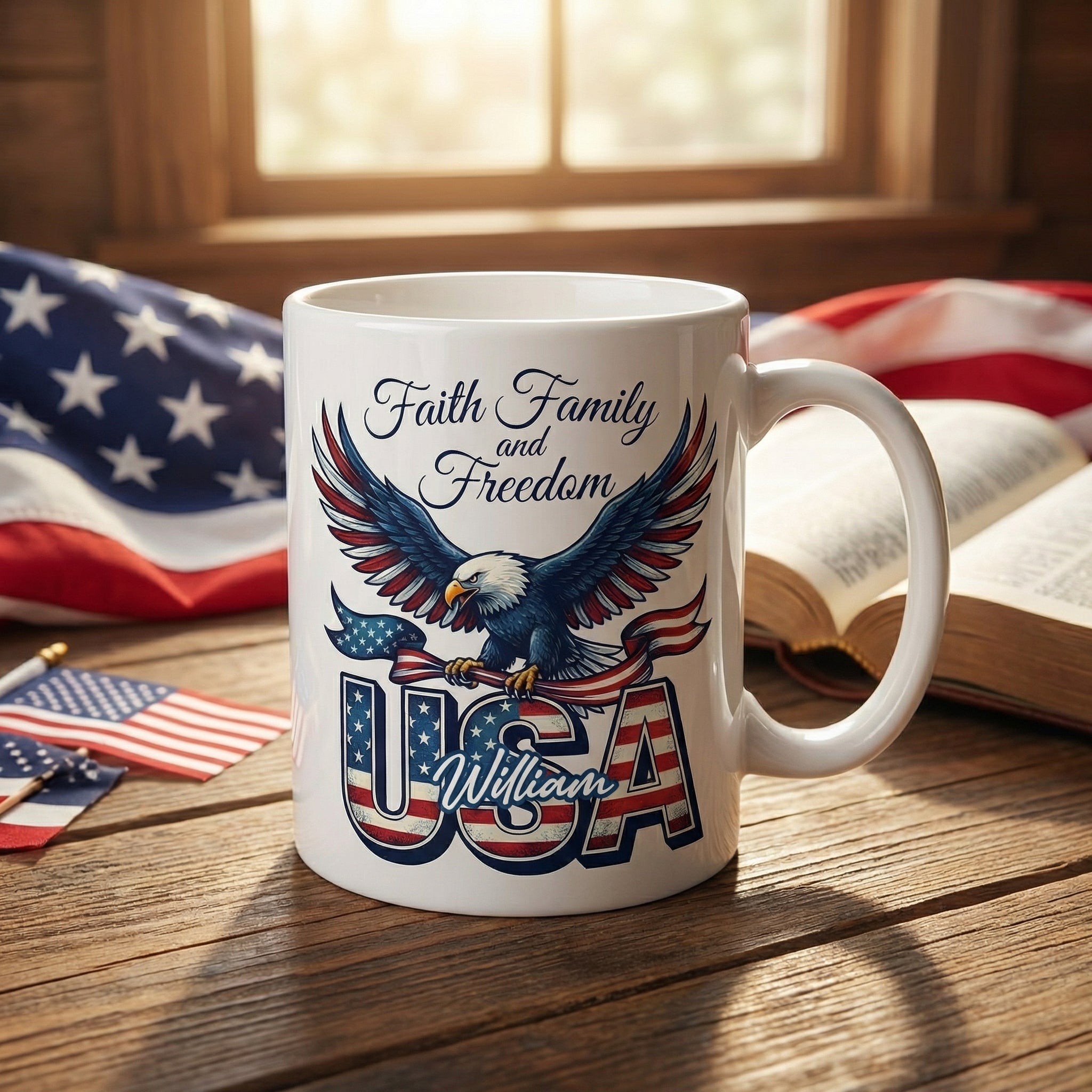 Faith Family and Freedom USA Personalized White Mug – America 250 Years Patriotic Eagle Mug