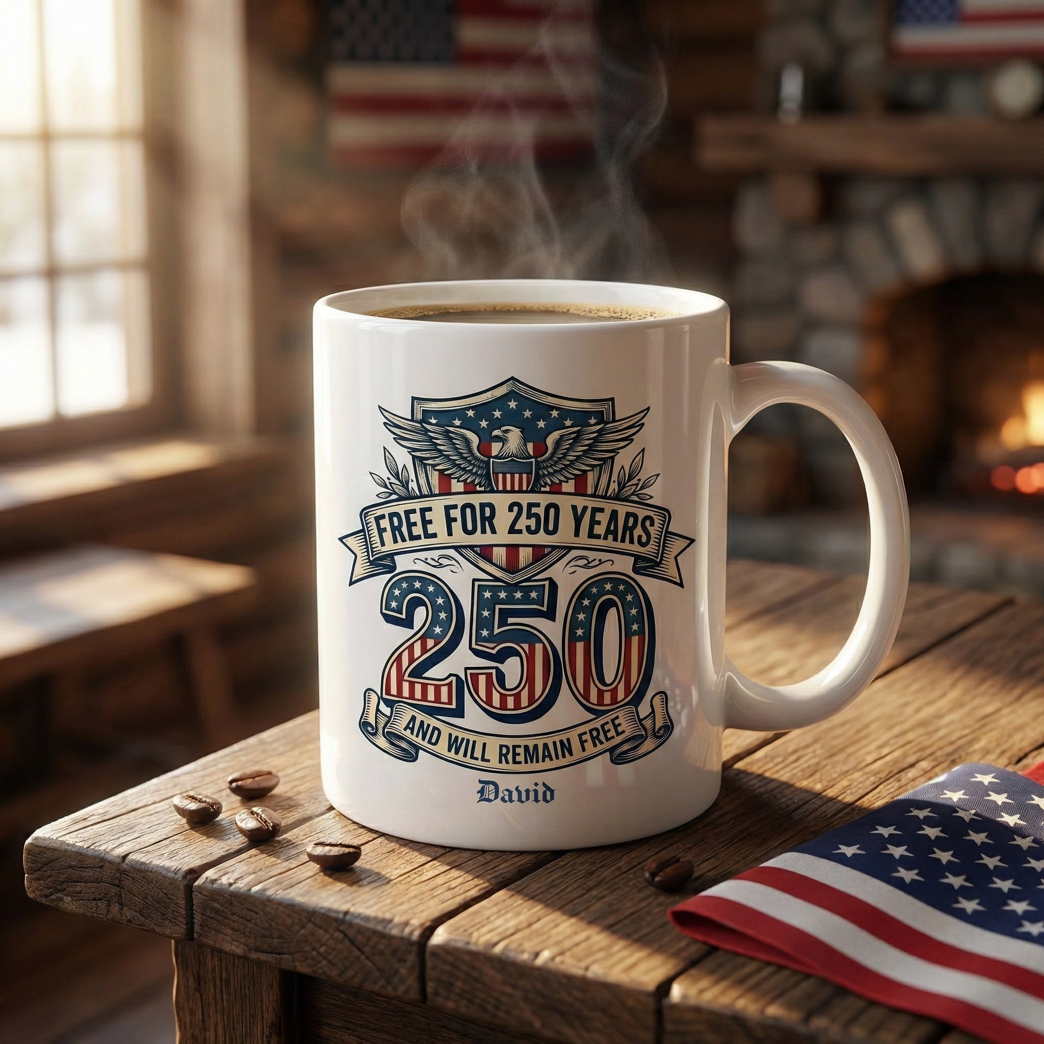 Free for 250 Years America Personalized White Mug – USA 1776–2026 Patriotic 250th Anniversary Mug