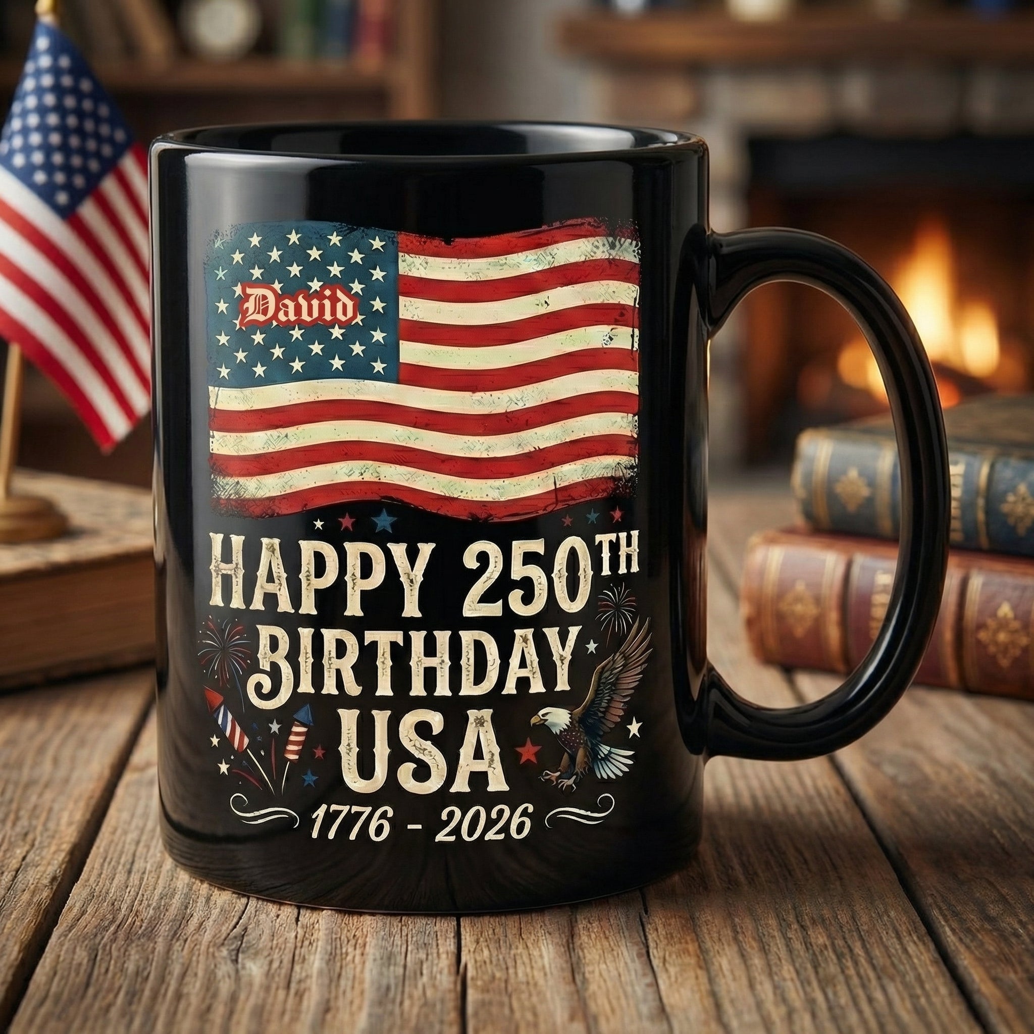 Happy 250th Birthday America Personalized Black Mug – USA 1776–2026 Patriotic Flag Anniversary Mug
