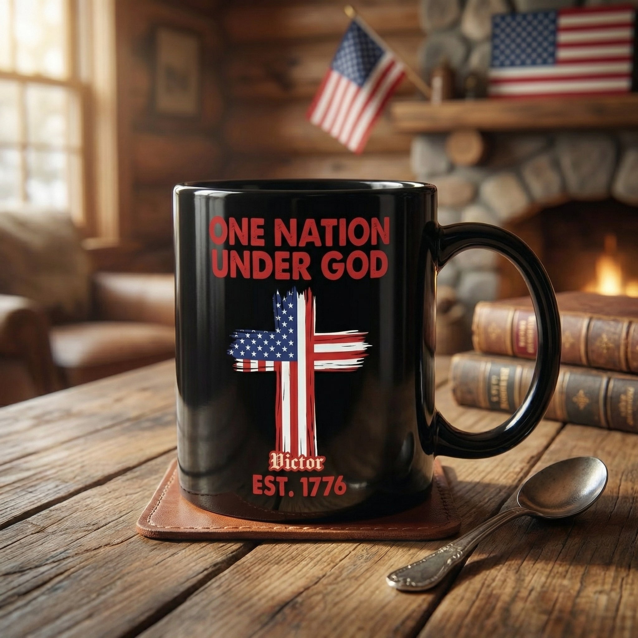 One Nation Under God Est 1776 Personalized Black Mug – Patriotic USA Christian Flag Cross Mug