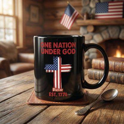 One Nation Under God Est 1776 Personalized Black Mug – Patriotic USA Christian Flag Cross Mug