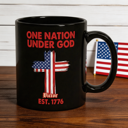 One Nation Under God Est 1776 Personalized Black Mug – Patriotic USA Christian Flag Cross Mug