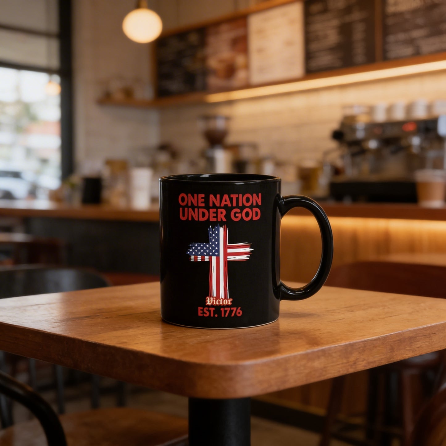 One Nation Under God Est 1776 Personalized Black Mug – Patriotic USA Christian Flag Cross Mug