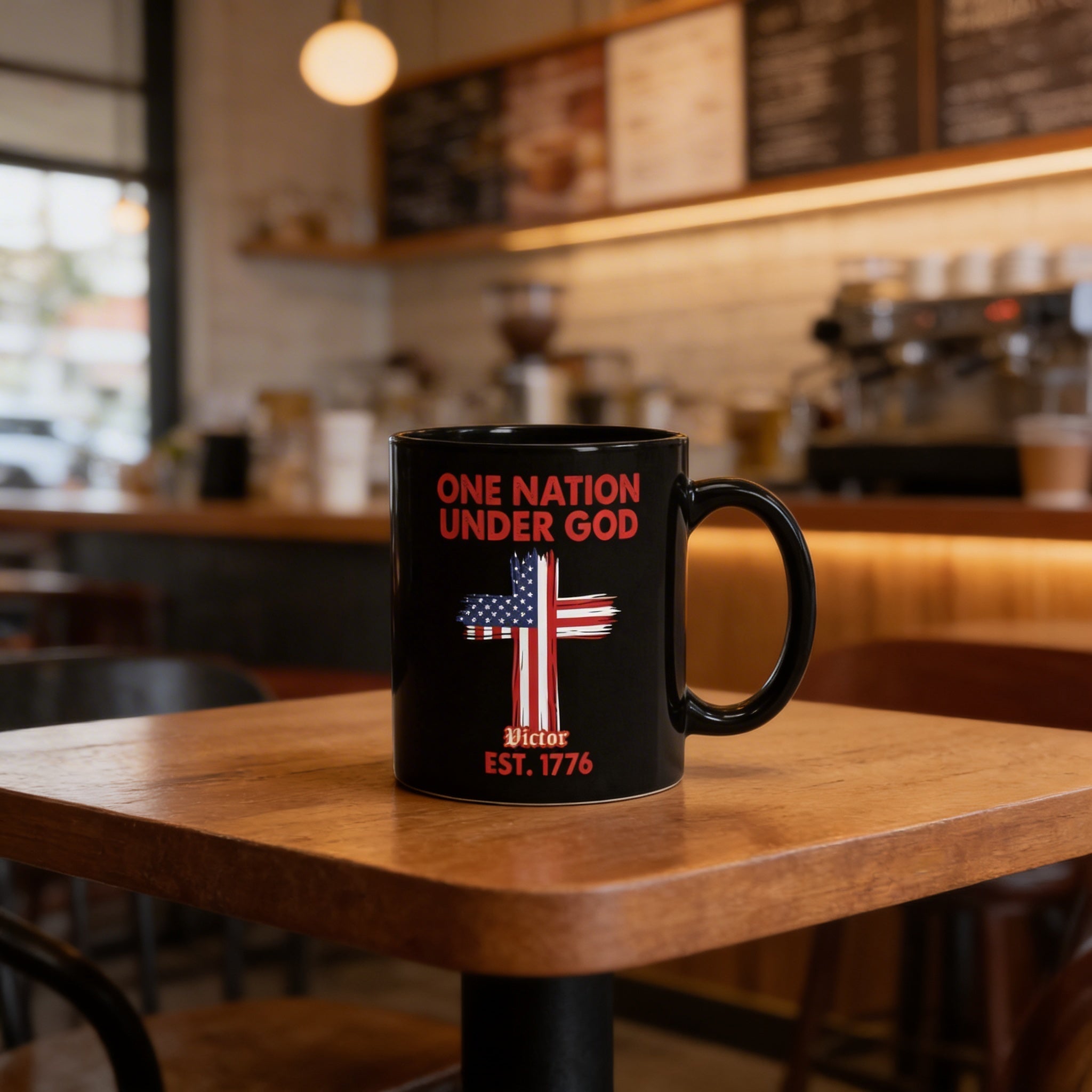 One Nation Under God Est 1776 Personalized Black Mug – Patriotic USA Christian Flag Cross Mug