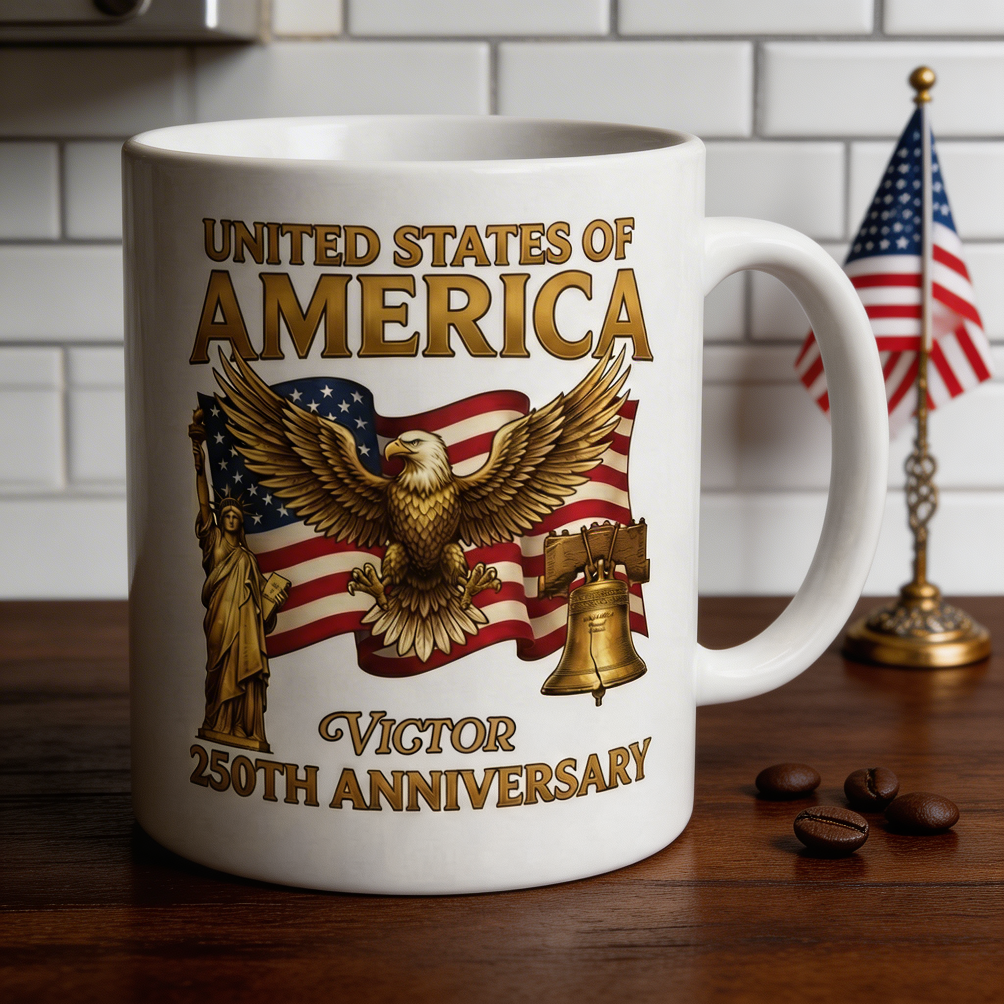 United States of America 250th Anniversary Personalized White Mug – Patriotic Eagle Liberty Bell Mug