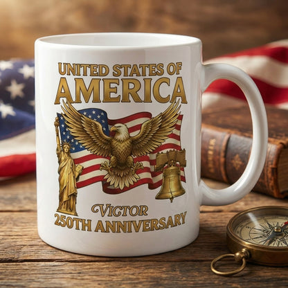 United States of America 250th Anniversary Personalized White Mug – Patriotic Eagle Liberty Bell Mug
