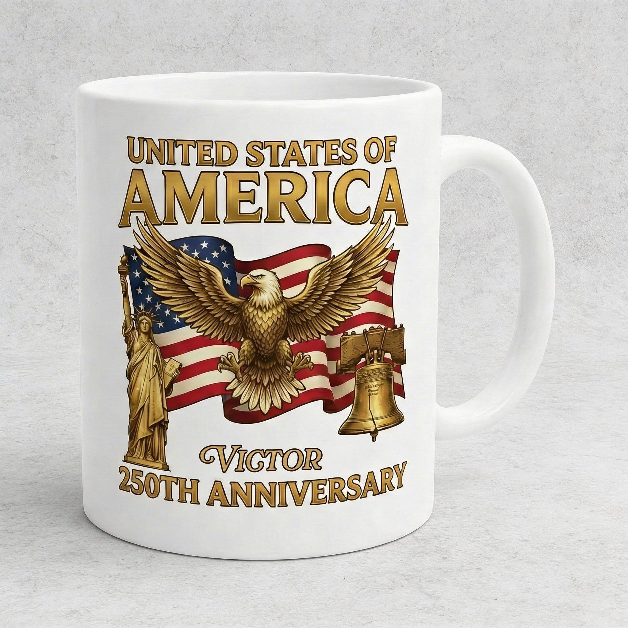 United States of America 250th Anniversary Personalized White Mug – Patriotic Eagle Liberty Bell Mug