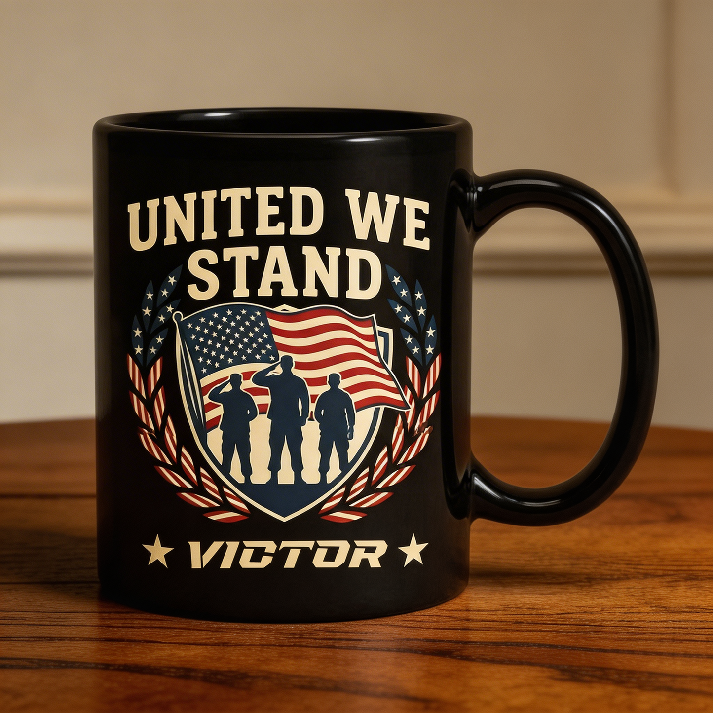 United We Stand Patriotic Veteran Black Mug – Personalized USA Military Tribute Mug