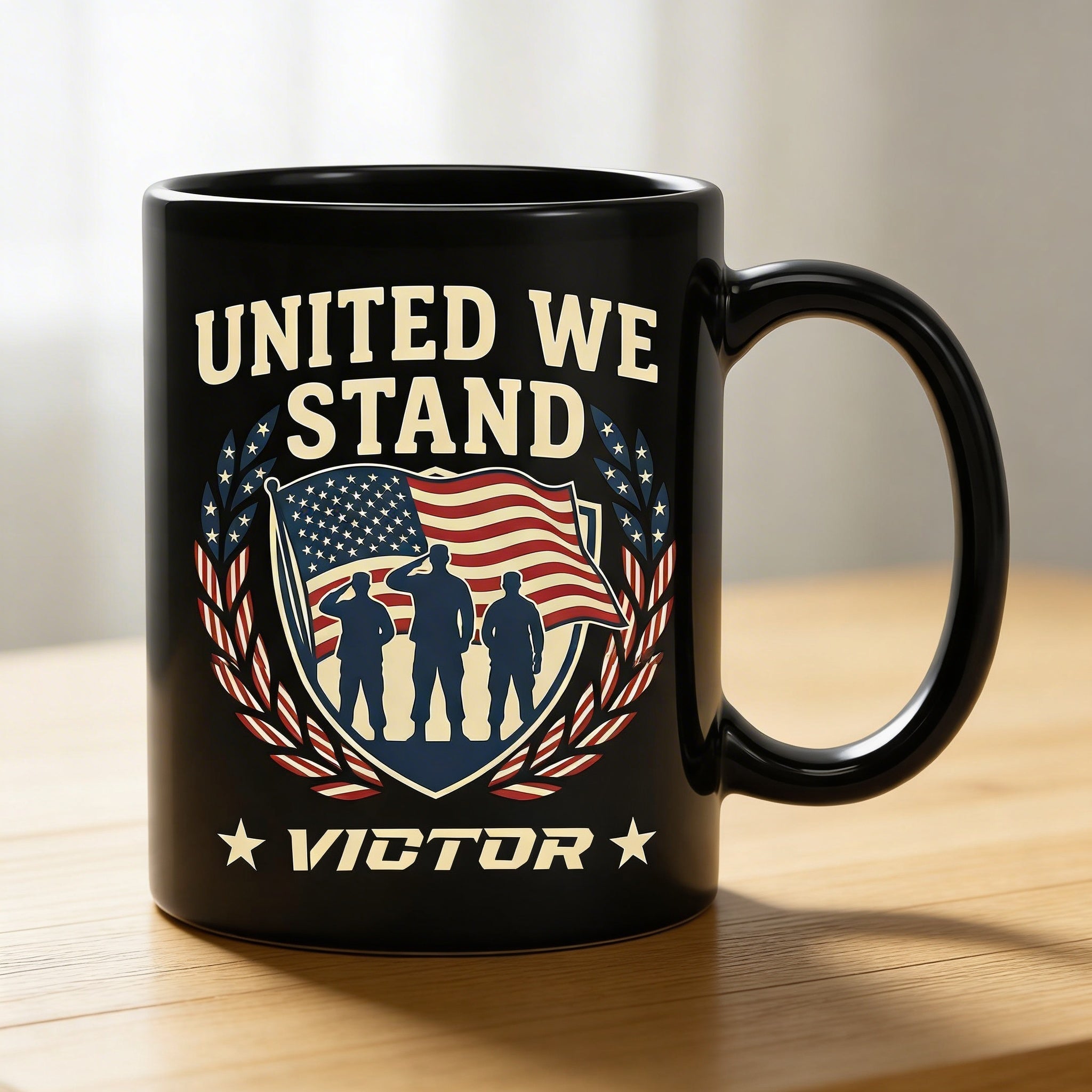 United We Stand Patriotic Veteran Black Mug – Personalized USA Military Tribute Mug