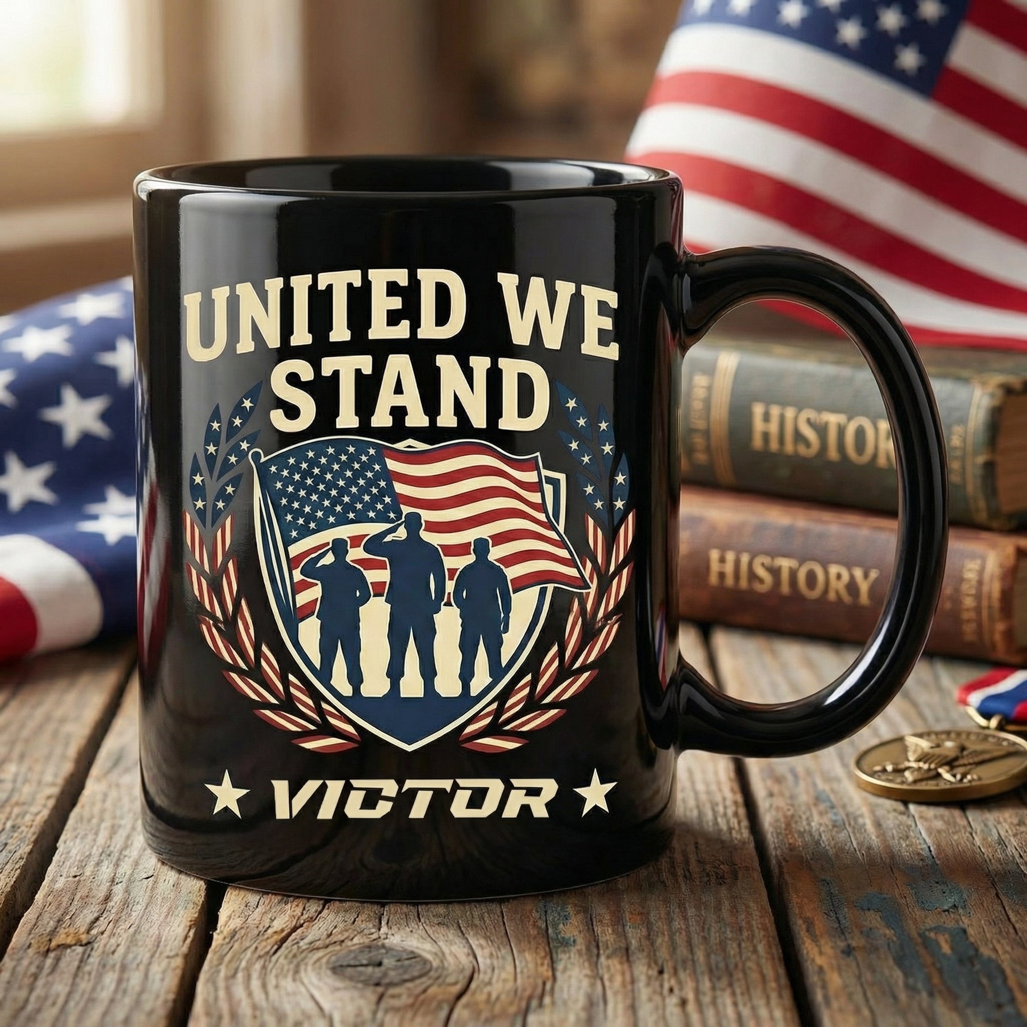United We Stand Patriotic Veteran Black Mug – Personalized USA Military Tribute Mug