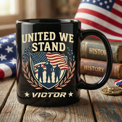 United We Stand Patriotic Veteran Black Mug – Personalized USA Military Tribute Mug