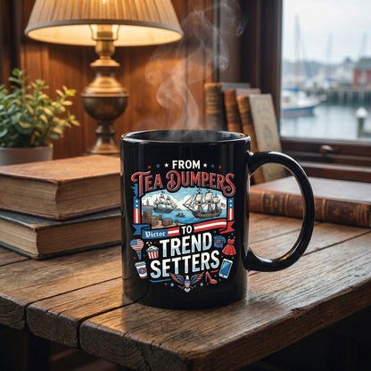 From Tea Dumpers to Trend Setters 250th Anniversary USA Black Mug – Personalized America 1776-2026 Mug