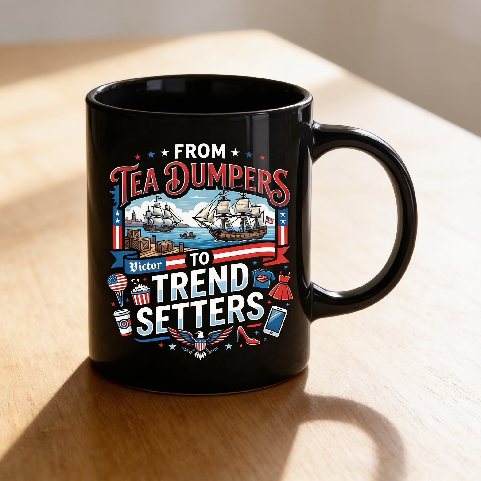 From Tea Dumpers to Trend Setters 250th Anniversary USA Black Mug – Personalized America 1776-2026 Mug