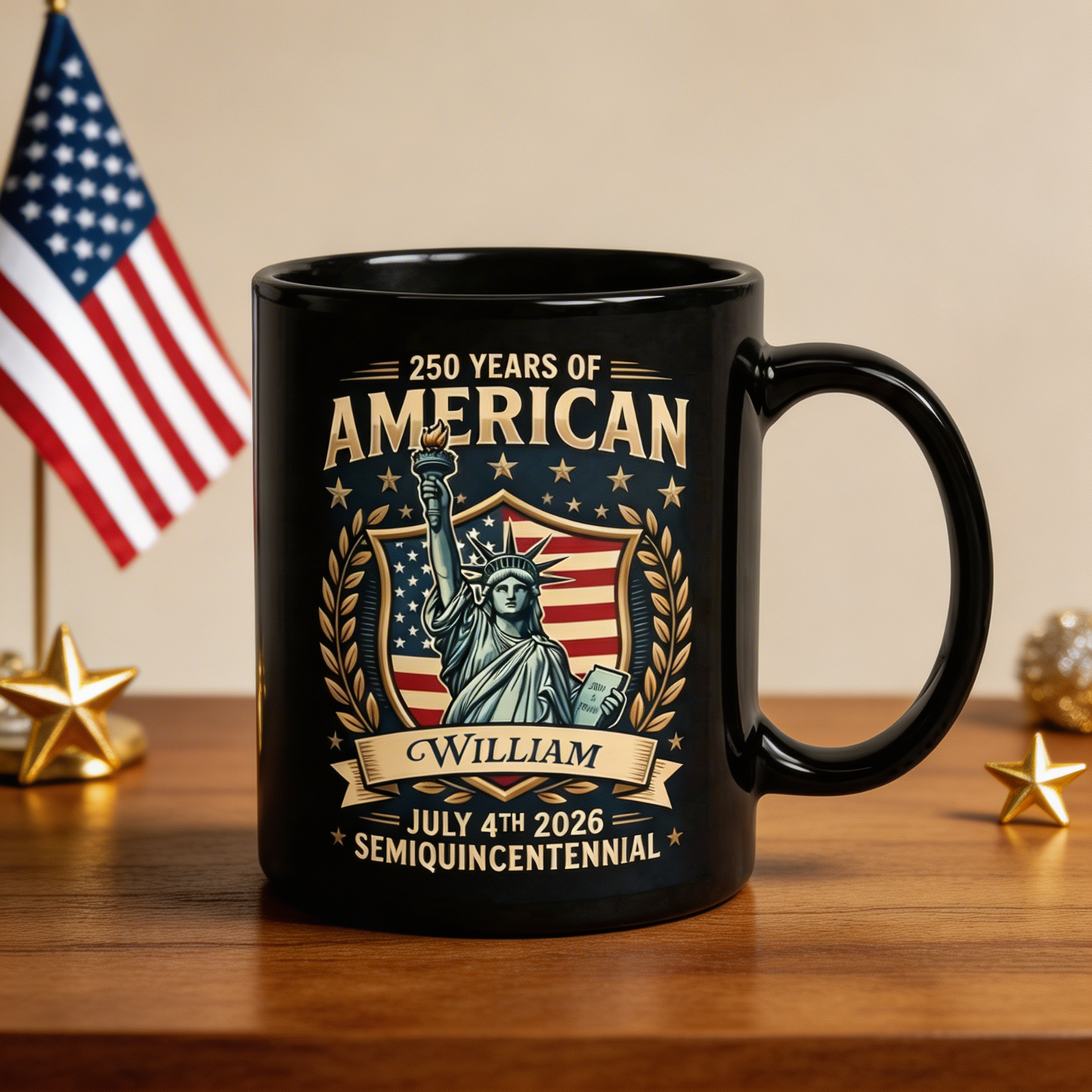 America 250 Semiquincentennial Personalized Black Mug – Custom Name July 4th 2026 Patriotic Mug