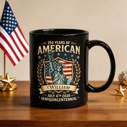 America 250 Semiquincentennial Personalized Black Mug – Custom Name July 4th 2026 Patriotic Mug