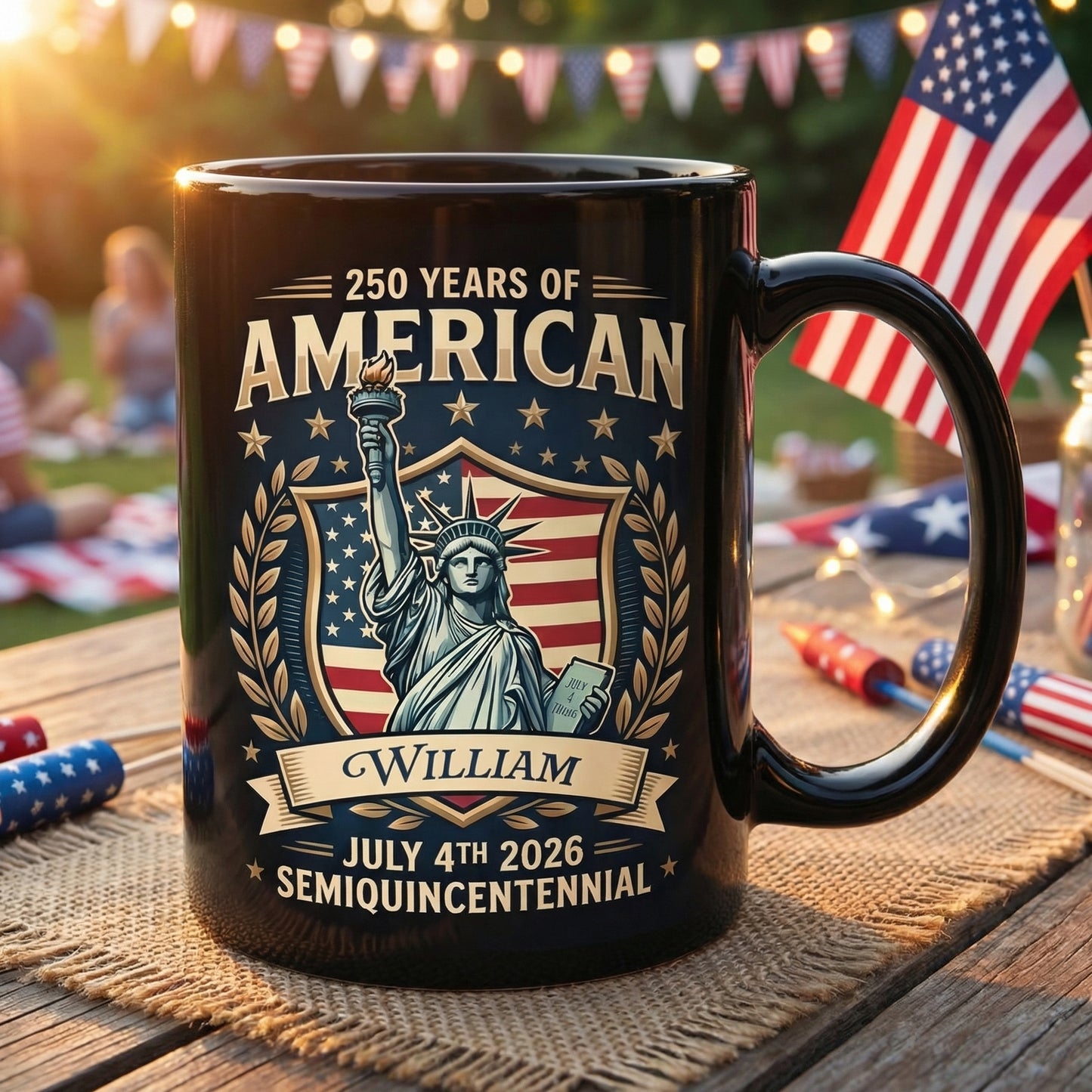 America 250 Semiquincentennial Personalized Black Mug – Custom Name July 4th 2026 Patriotic Mug