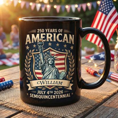 America 250 Semiquincentennial Personalized Black Mug – Custom Name July 4th 2026 Patriotic Mug