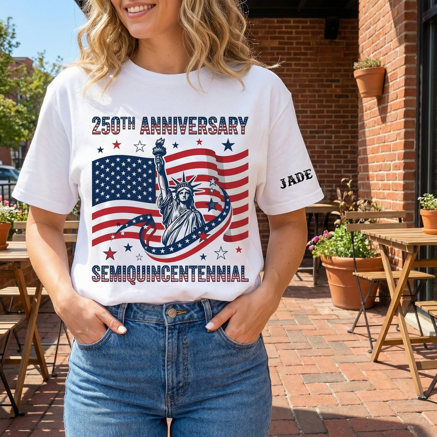 USA 250 Years of Freedom Sleeve Tee Shirt  Semiquincentennial Patriotic Tee