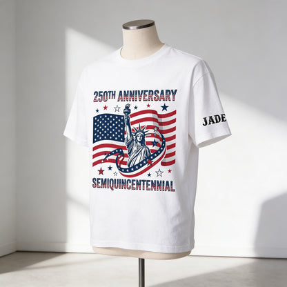 USA 250 Years of Freedom Sleeve Tee Shirt  Semiquincentennial Patriotic Tee