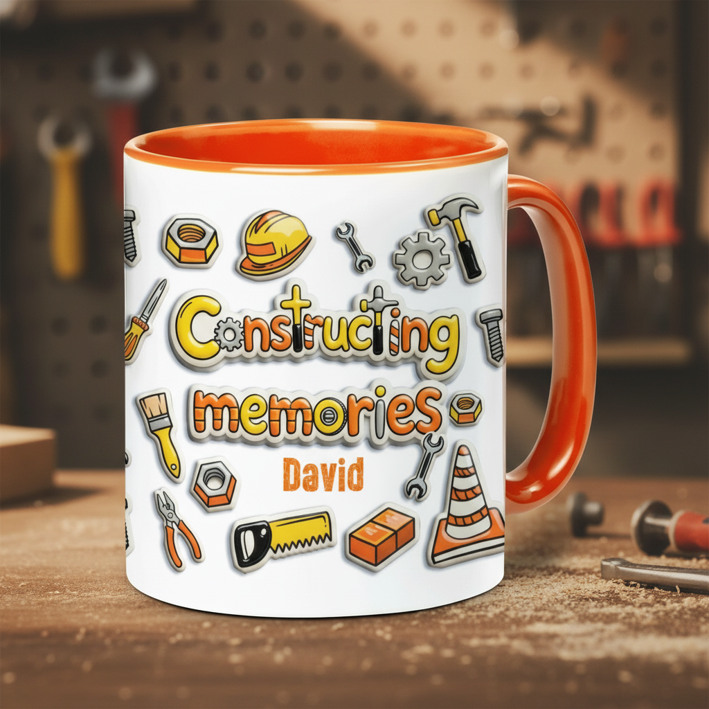Personalized Dad Construction Mug – “Constructing Memories” Custom Name Coffee Mug