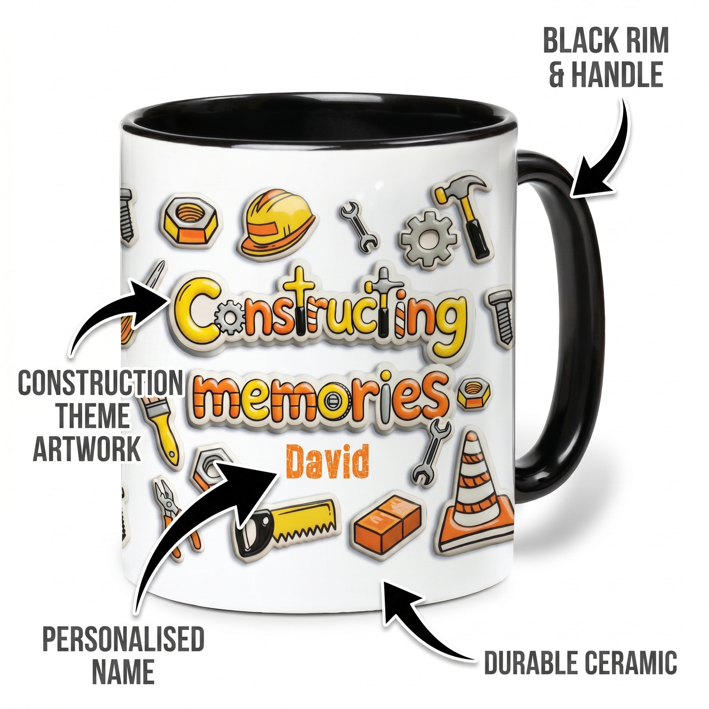 Personalized Dad Construction Mug – “Constructing Memories” Custom Name Coffee Mug