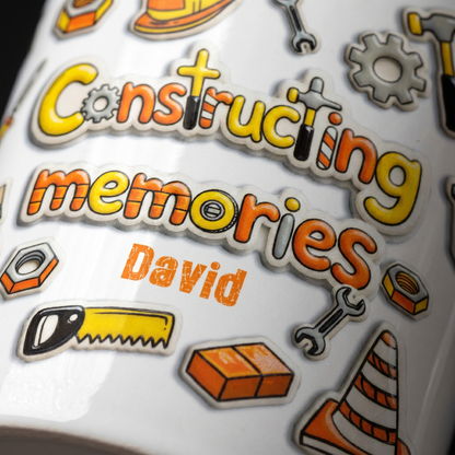 Personalized Dad Construction Mug – “Constructing Memories” Custom Name Coffee Mug