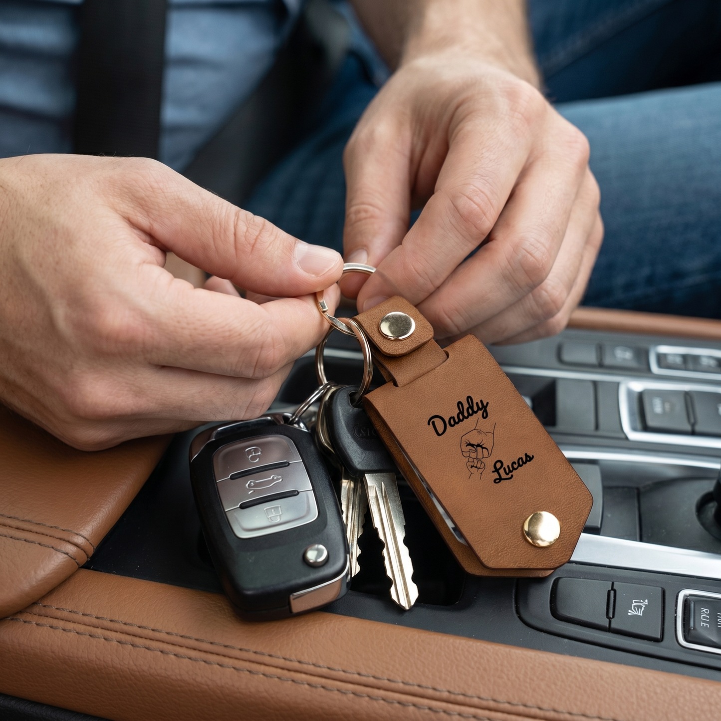 Personalized Leather Photo Keychain with Engraved Tag – Custom Memory Gift for Dad – Father’s Day Keepsake Keychain
