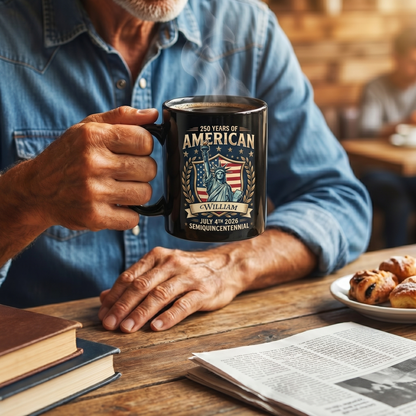 America 250 Semiquincentennial Personalized Black Mug – Custom Name July 4th 2026 Patriotic Mug