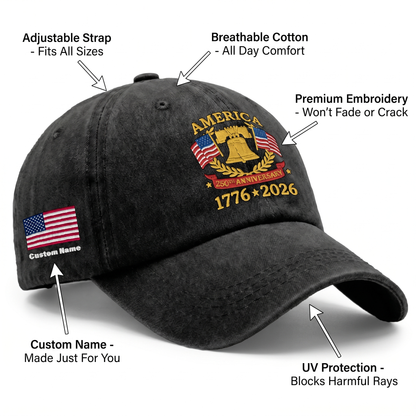 250 Years of American Independence – Patriotic Independence Day 2026 Gift for Americans – Personalized Washed Denim Baseball Cap