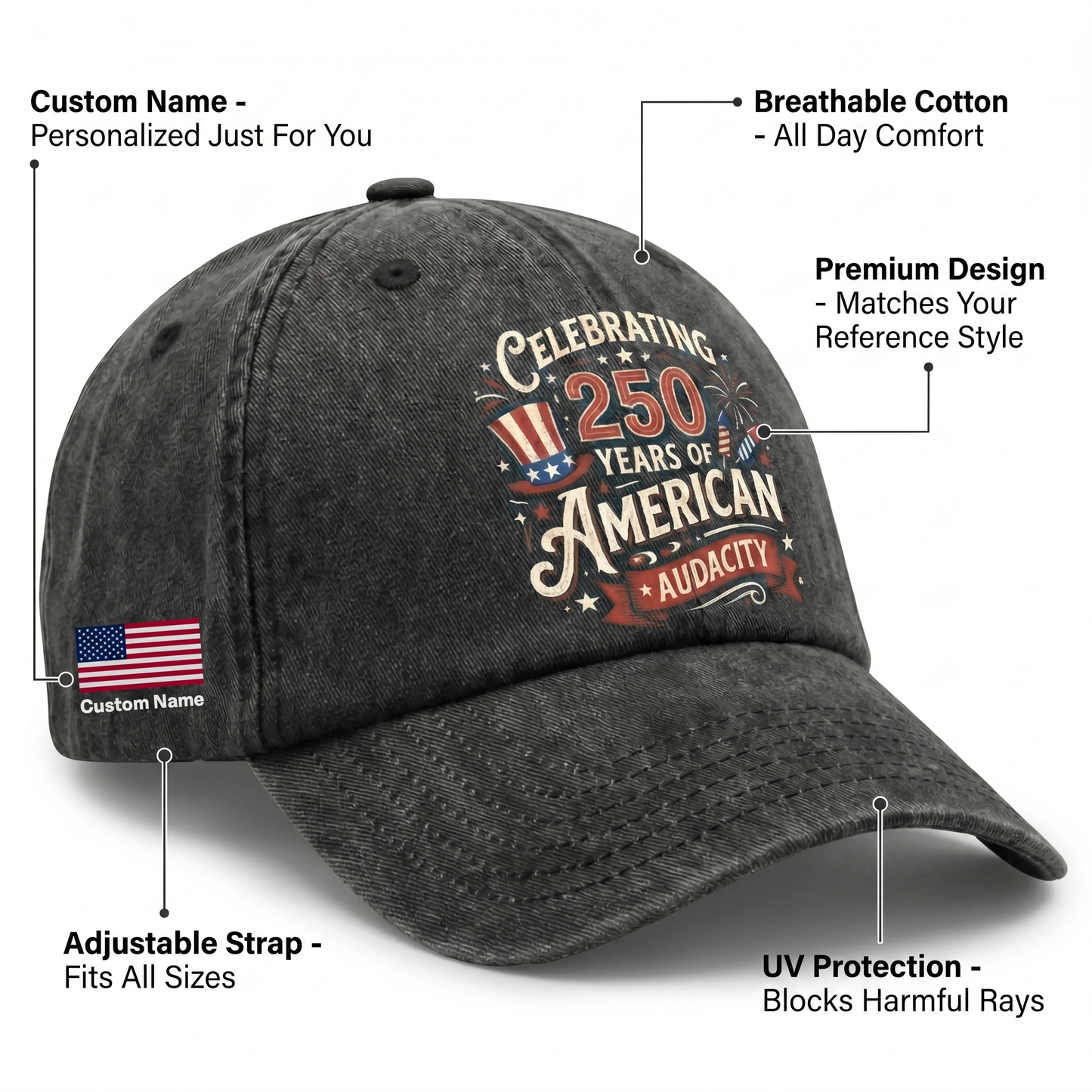 250 Years of American Audacity – USA 250th Anniversary Patriotic Gift for Americans – Personalized Washed Denim Baseball Cap