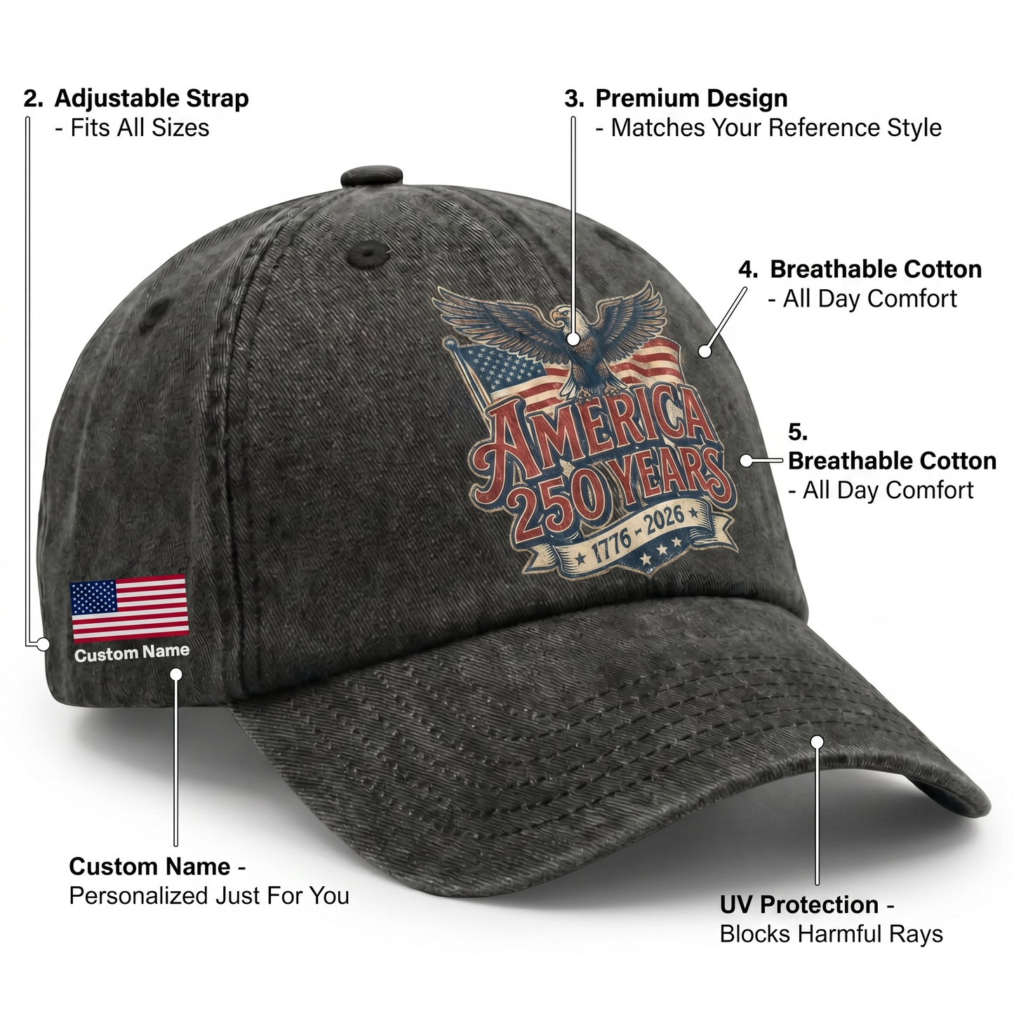 America 250 Years of Freedom – Patriotic Gift for Independence Day & American Pride – Personalized Washed Denim Baseball Cap