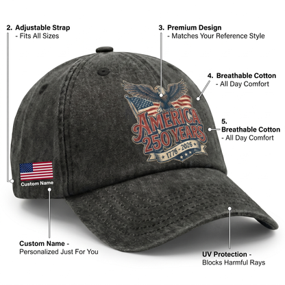 America 250 Years of Freedom – Patriotic Gift for Independence Day & American Pride – Personalized Washed Denim Baseball Cap