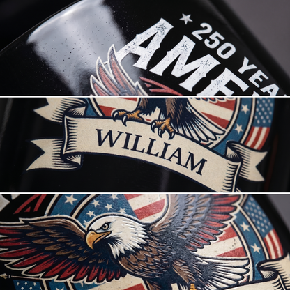 America 250 Independence Day 2026 Personalized Black Mug – Custom Name Patriotic Eagle USA Mug