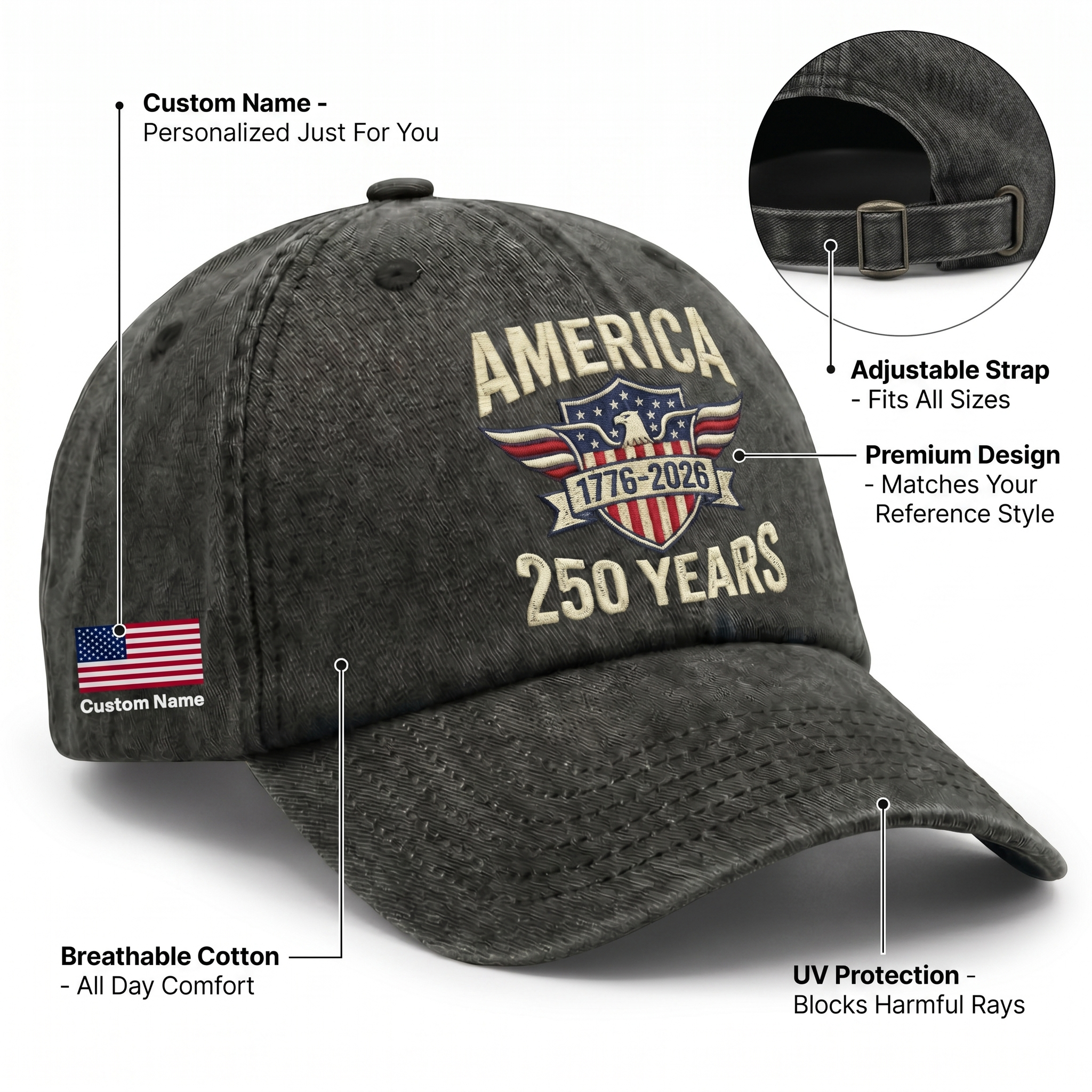 America 250 Years Strong – Patriotic Gift for America’s 250th Anniversary for Americans – Personalized Washed Denim Baseball Cap