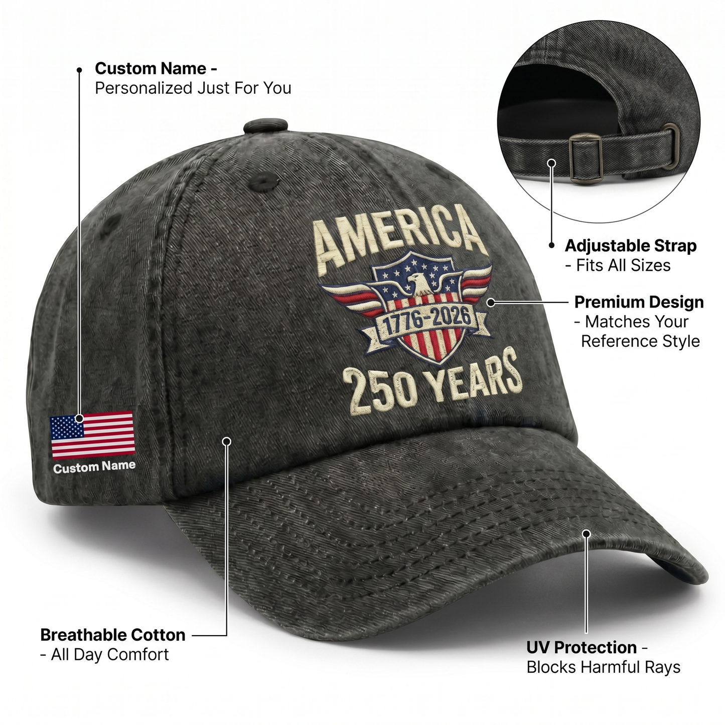 America 250 Years Strong – Patriotic Gift for America’s 250th Anniversary for Americans – Personalized Washed Denim Baseball Cap