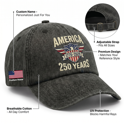 America 250 Years Strong – Patriotic Gift for America’s 250th Anniversary for Americans – Personalized Washed Denim Baseball Cap