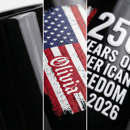 250 Years of American Freedom Personalized Black Mug – Custom Name America 250 Patriotic Mug 1776–2026