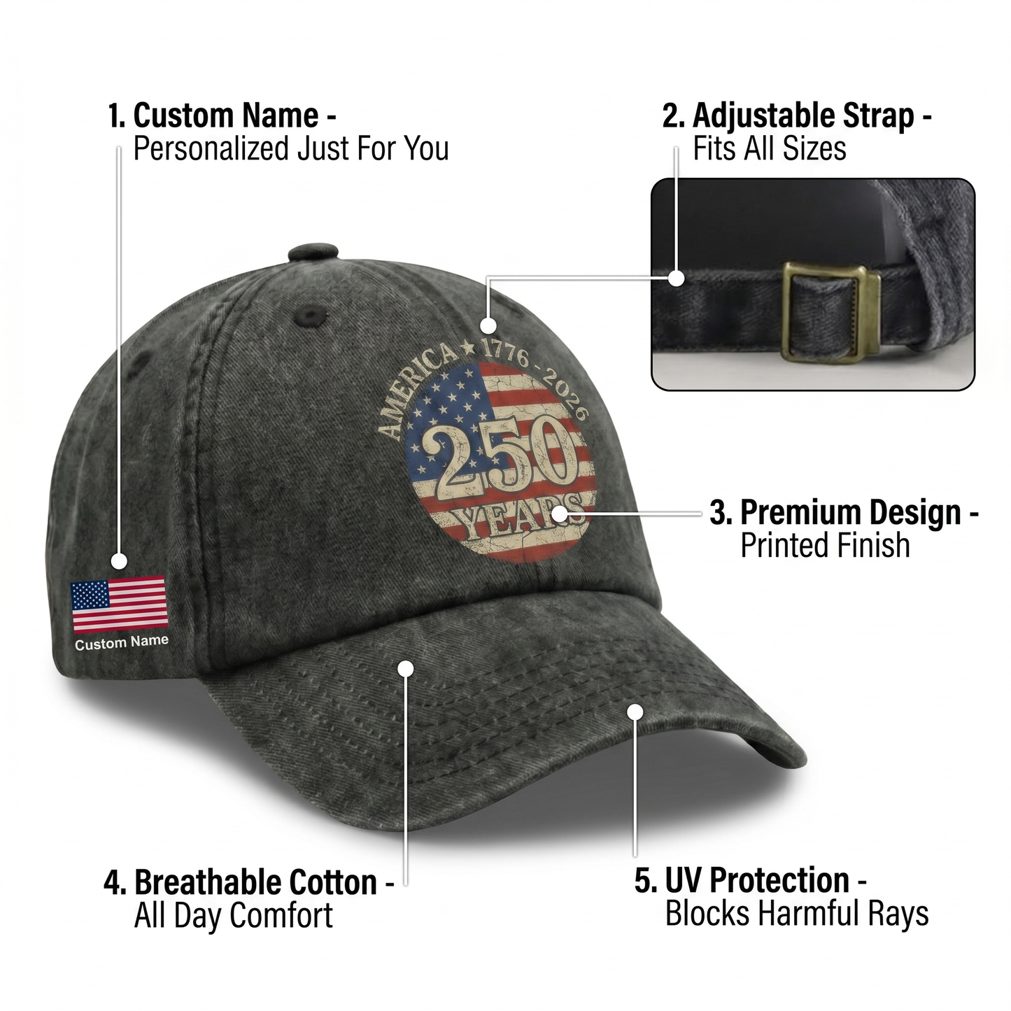 Celebrating 250 Years of America – Independence Day & Anniversary Gift for Americans – Personalized Washed Denim Baseball Cap