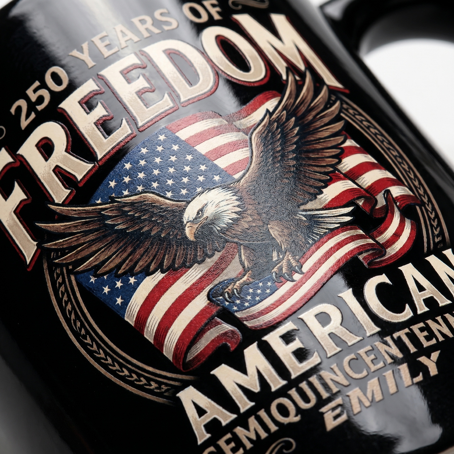 250 Years of Freedom America Personalized Black Mug – Custom Name Patriotic Semiquincentennial Mug